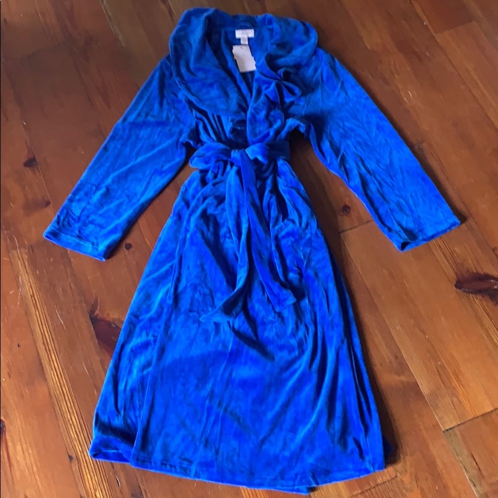 Blue faux velvet floor length robes by Cabernet